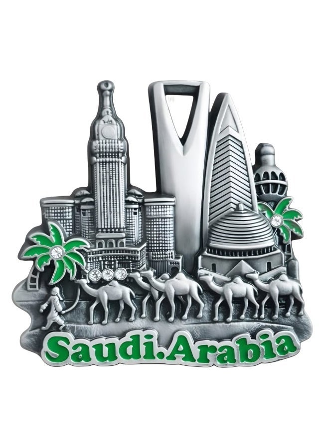 هدايا تذكارية عربية مجموعة طقم ٣ قطع مغناطيس معدني ثلاثي الأبعاد لمعالم السعودية – أبراج المملكة والفيصلية وبرج الساعة مع جمال ونخيل – ألوان ذهبي وفضي وبرونزي – ديكور ثلاجة فاخر - Image 2